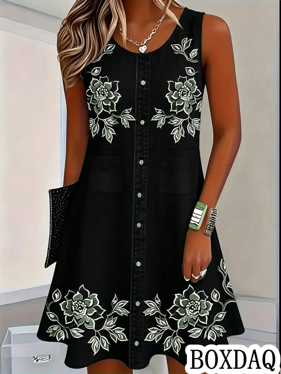 Women Vintage Pattern Flowers Print Dresses Summer Fashion Sleeveless Dress Casual Sundress Beach Loose Dress