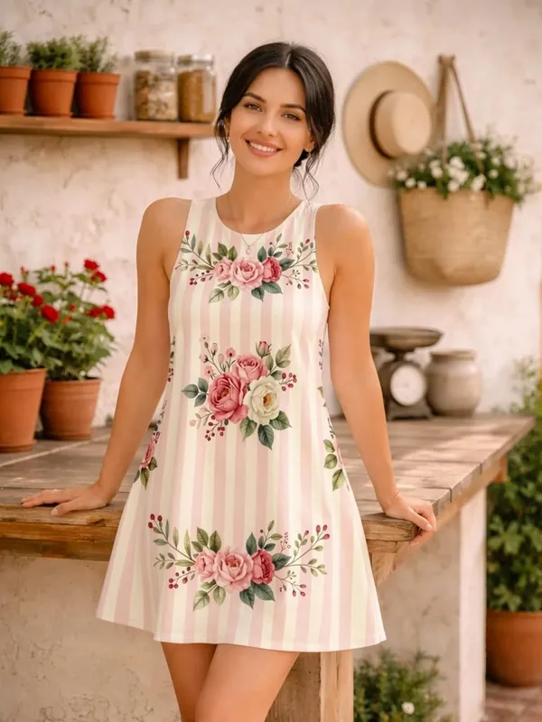 Womens Floral Sleeveless A Line Mini Dress Round Neck Casual Sundress for Resort Patio Weekend Travel and Daily Wear Elegance