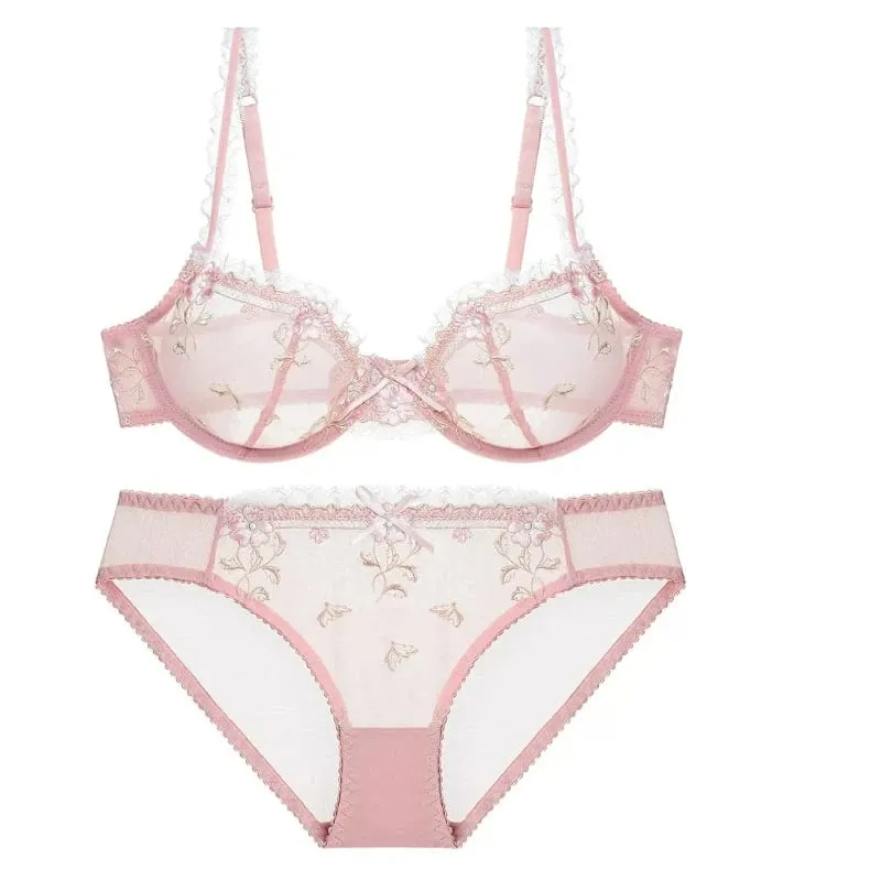 Delicate French Lace Lingerie Set White Mesh Embroidery Push‑Up Bra Panty Suit Plus Size Ladies Daily Wear Intimates