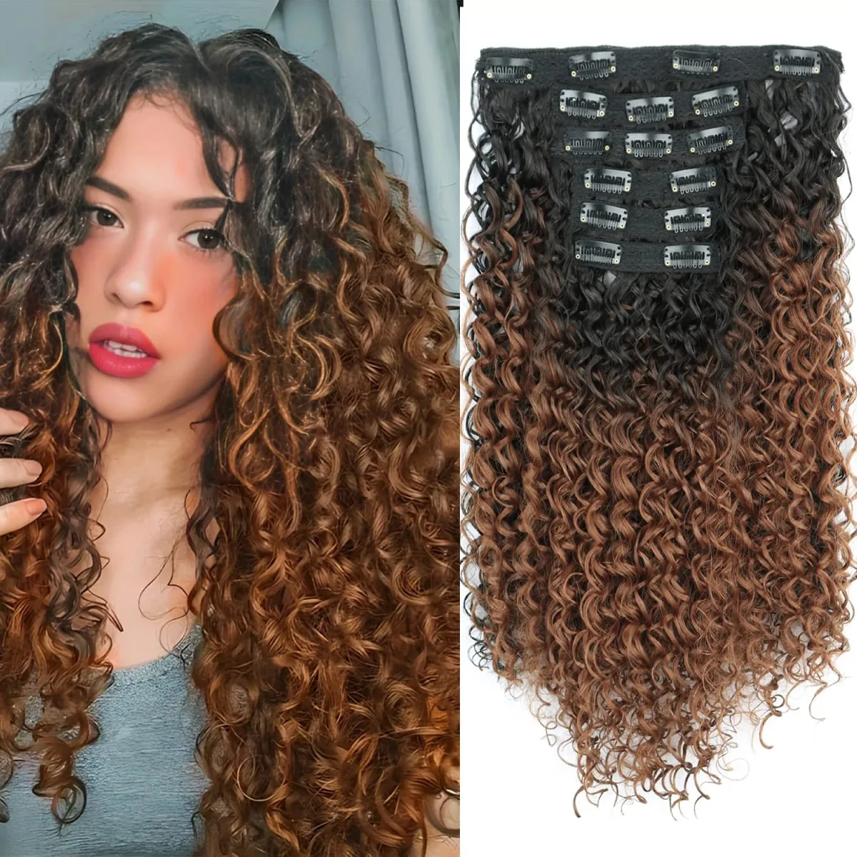 Synthetic 26Inch Kinky Curly 16 Clip In Hair Extensions Black Brown Full Head Fake Pieces Kinky Curly Hair Extensions