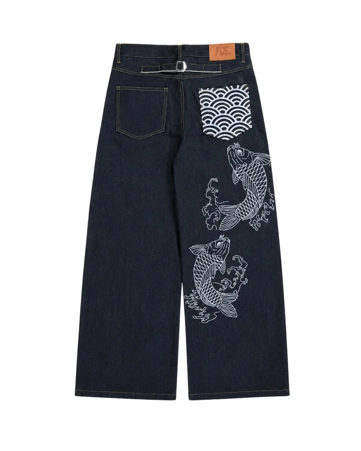 Men Japanese Koi Fish Embroidered Wide Leg Jeans Sukajan Baggy Denim Pants Loose Streetwear Hip Hop Casual Trousers For Male New