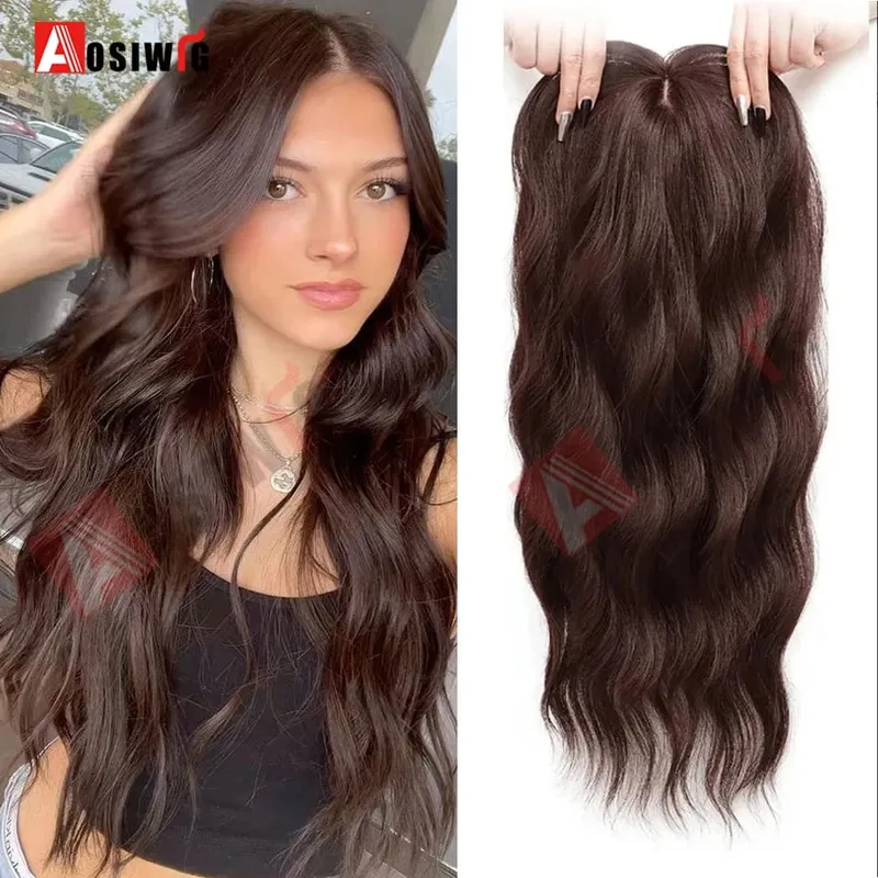 22 Inch Long Wavy Synthetic Hair Topper For Women Clip In Hairpiece Crown Hair Extension With Base Cover Thinning Hair Add Volum