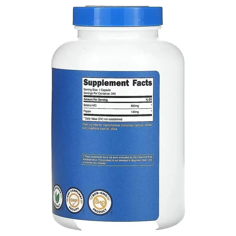 Betaine Hydrochloride with Pepsin 240 Tablets Stomach and Intestine Protection Supplement for Digestive Health