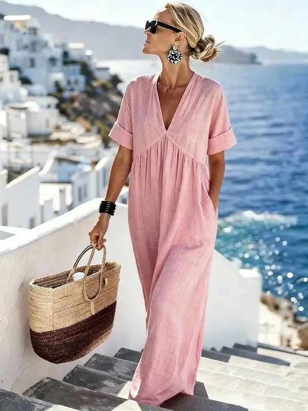 2026 Casual V-neck Short Sleeve Solid Color Women's Loose Dress Summer Elegant Female Fashion Vacation Pocket Long Dresses