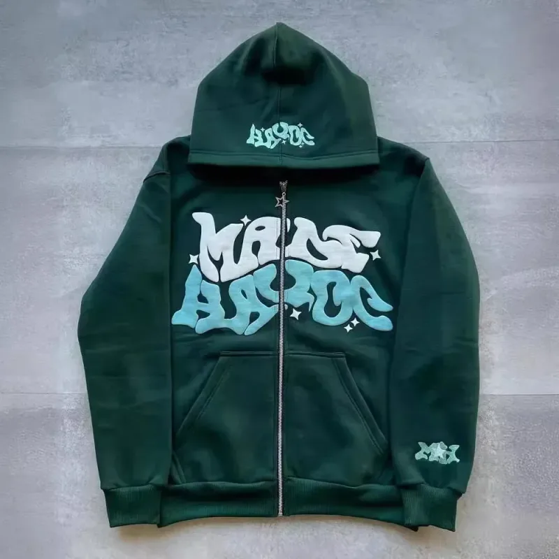 Men's Retro American Letter Zipper Printed Hooded Sweatshirt Unisex Autumn and Winter Open Cardigan