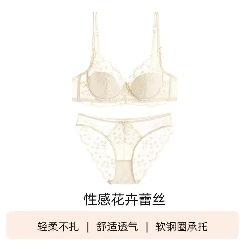 Female Lace Full Cup Minimizer Bra Set Thin Push‑Up Anti‑Sag Comfortable Lingerie Underwear For Big Breast Soft Daily Intimates