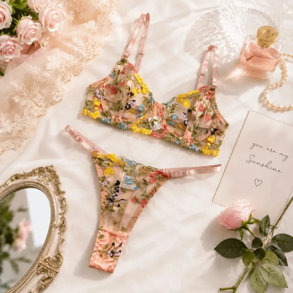 Sheer Intimates Transparent Lingerie Set Ultra-thin Elegant Embroidery Floral Underwear Push Up Panties Bra Set Women