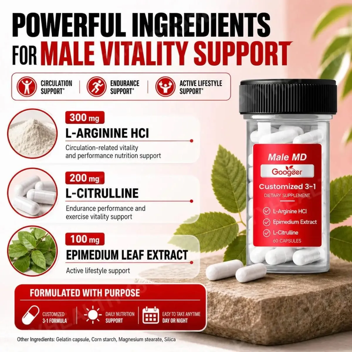 Googeer Male MD 3-1 Capsules with L-Arginine HCl and L-Citrulline Plus Epimedium Leaf Extract for Exercise Vitality 60 Capsules