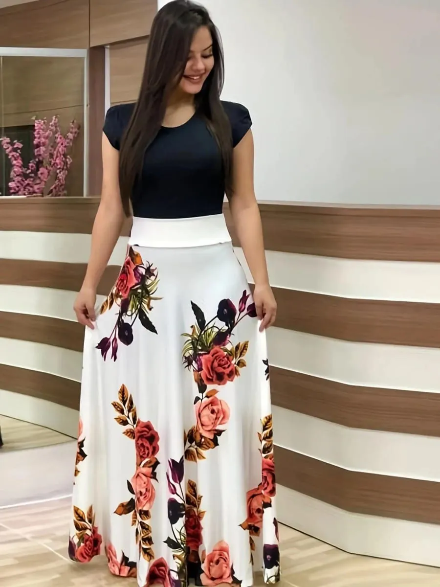 2024 Vestido de manga corta a juego con estampado de flores de estilo europeo y americano para mujer, falda con vuelo grande