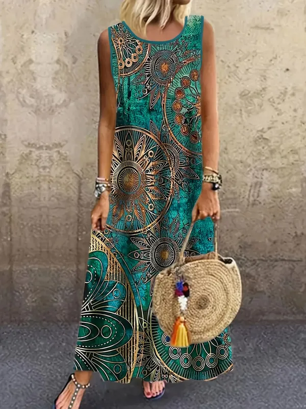Vintage Floral Printed Women Sleeveless Sundress Summer Loose Casual Beach Long Dress Ladies Bohemia Maxi Dresses Party Vestidos