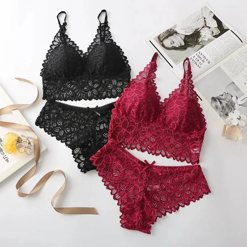 Sexy Lace Women Underwear Set Seamless Wire Free Bra Sets Hollow Out Bra at Panty Set Para sa Babae Embroidery Intimate Lingerie