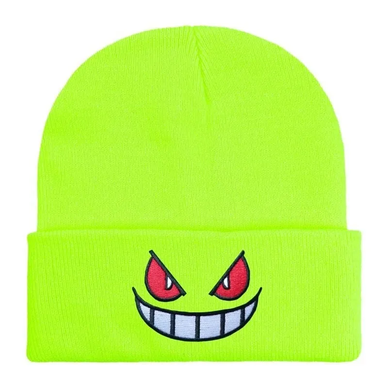 Pokemon Gengar Kartun Bordir Beanies Rajutan Skullies Musim Gugur Musim Dingin Topi Wol Hangat Gengar Wanita Pria Beanies