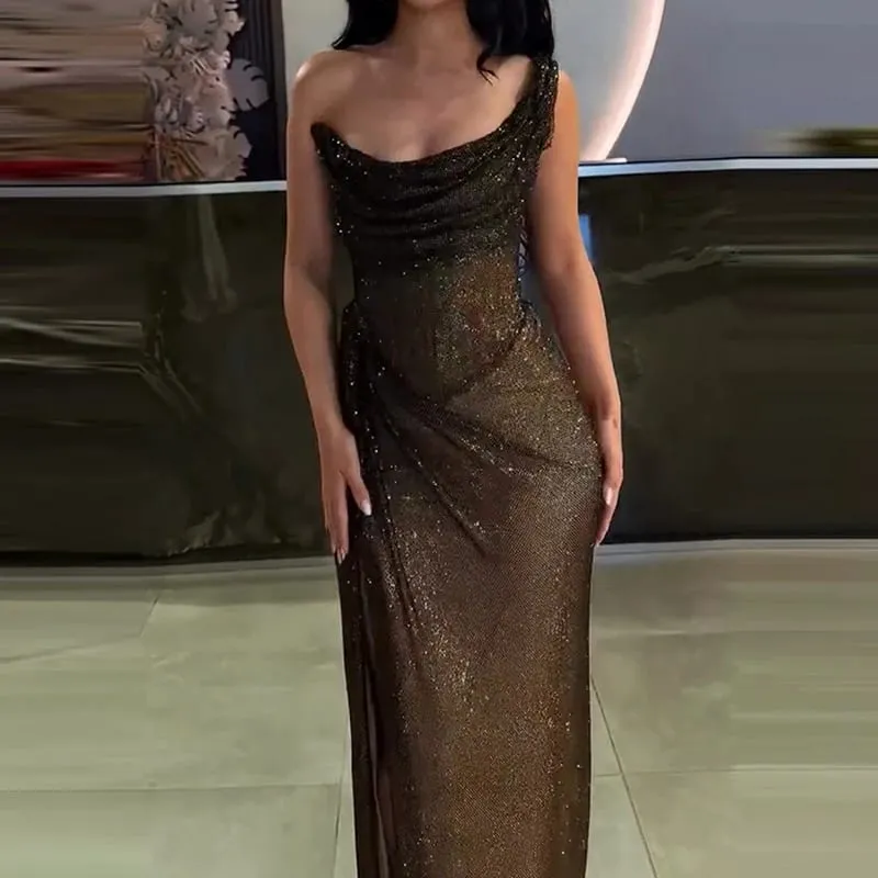 Sexy Elegant Full Length High Split Party Dress Chic Girdling Banquet Maxi Dress Luxury Women One Shoulder Glitter Slim Dress