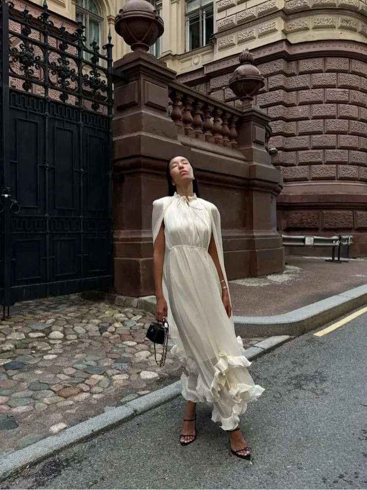Solid Multi-layer Ruffled Maxi Dress Women Elegant Sleeveless Off-shoulder High Waist Dresses Lady New Chic Vacation Party Gowns — image 5