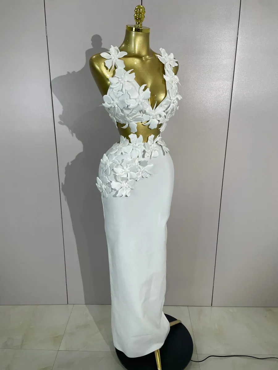 Women Sexy White Flowers V-Neck Tops Bodycon Long Dress Two Pieces Set Eveing Party Prom Gown Nightclub Celebrate Birthday Dress — image 4