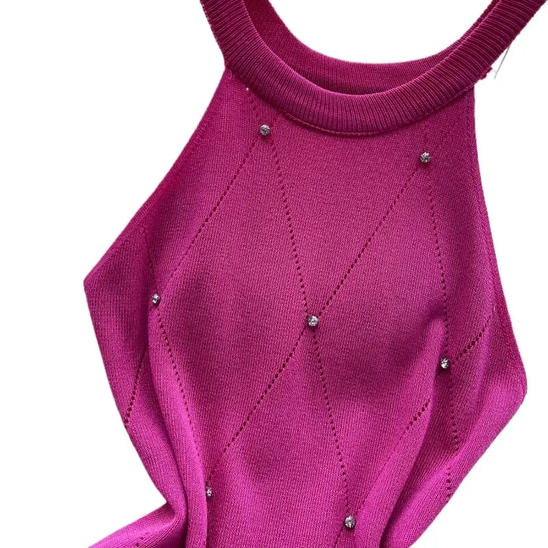 Vestido de cóctel de fiesta de verano sin mangas con cuello halter rosa para mujer
