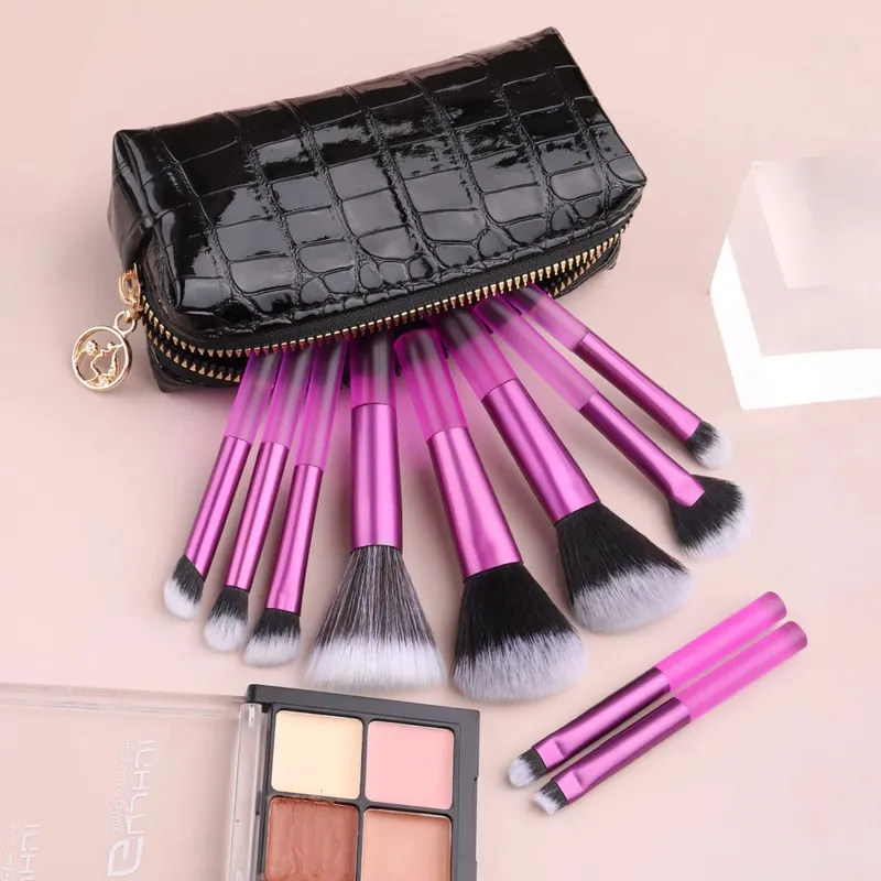 10Pcs Full Face Makeup Brush Kit Crocodile Grain Zipper Bag Powder Contour Shadow Brow Eyelash Cosmetic Brushes
