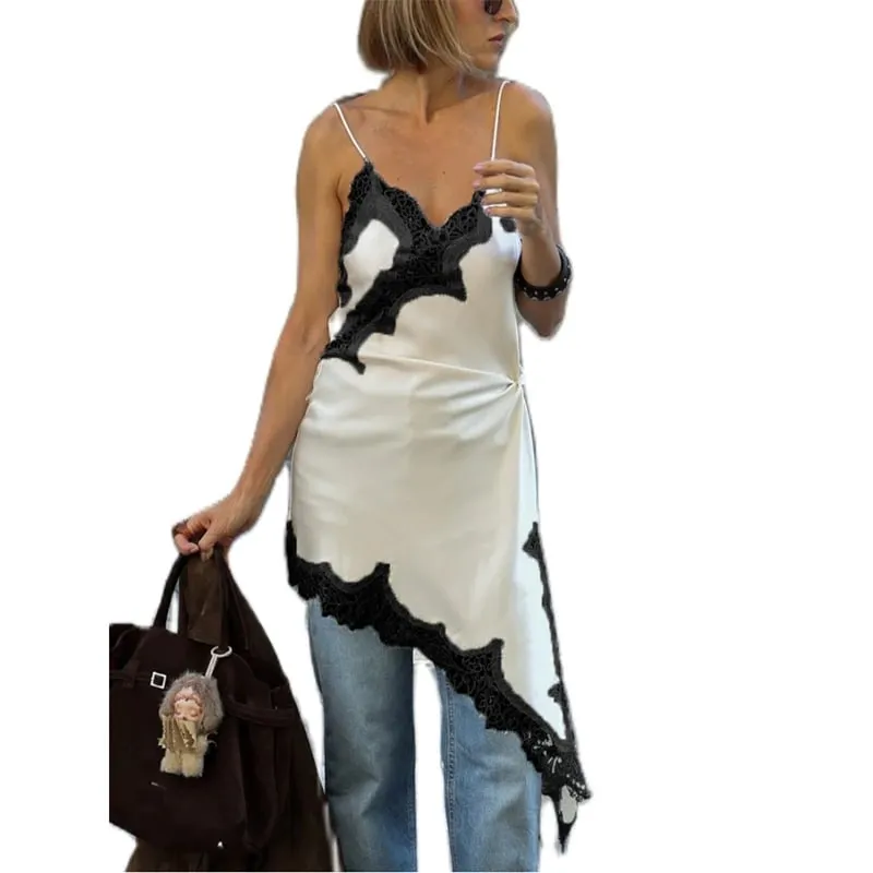 Combhasaki Women Floral Lace Trim Satin High Low Vest Silk Spaghetti Strap Side Split Asymmetrical Cami Flowy Silky Layering Top