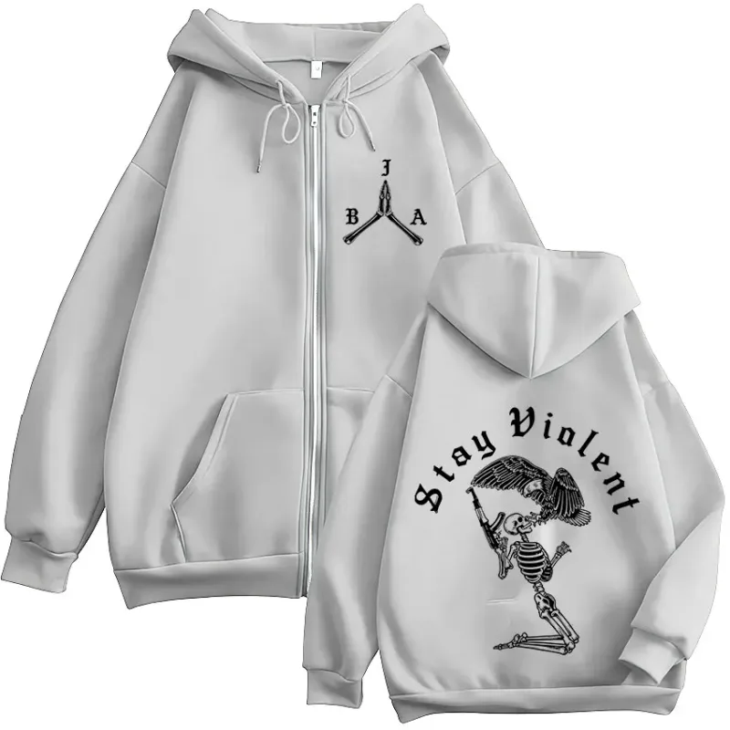 Stay Violent Brothers in Arms Skeleton Printed Zipper Hoodies Men Women Zip Up Hooded Sweatshirts Vintage Pullovers Jackets Coat