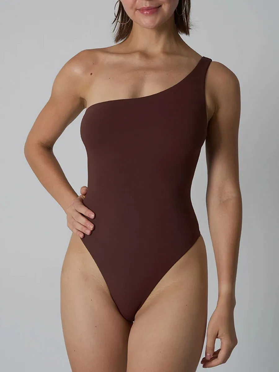 Diagonal Shoulder Jumpsuit Women's Solid High Elasticity Thin Shapewear Bodysuit Female Fashion Streetwear Slim Sports Underwear — image 2