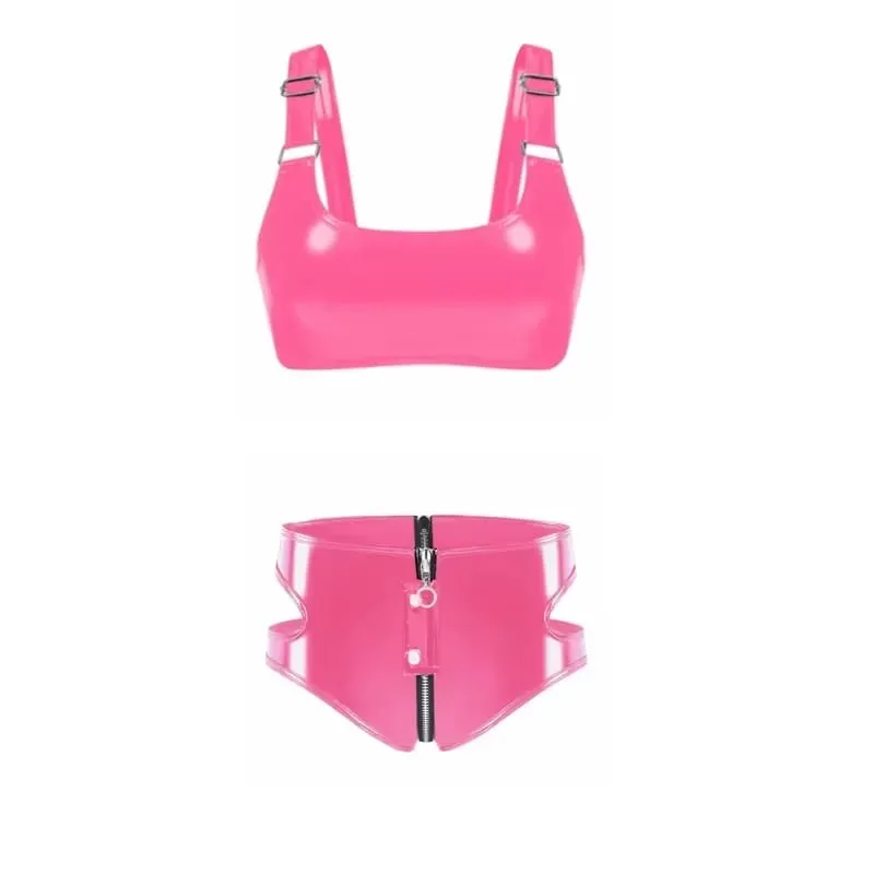 Conjunto de lencería con sujetador de piel sintética de PVC para mujer, Bralette sin forro, sin aros, Punk, con cremallera en la entrepierna, ropa para discoteca — image 2