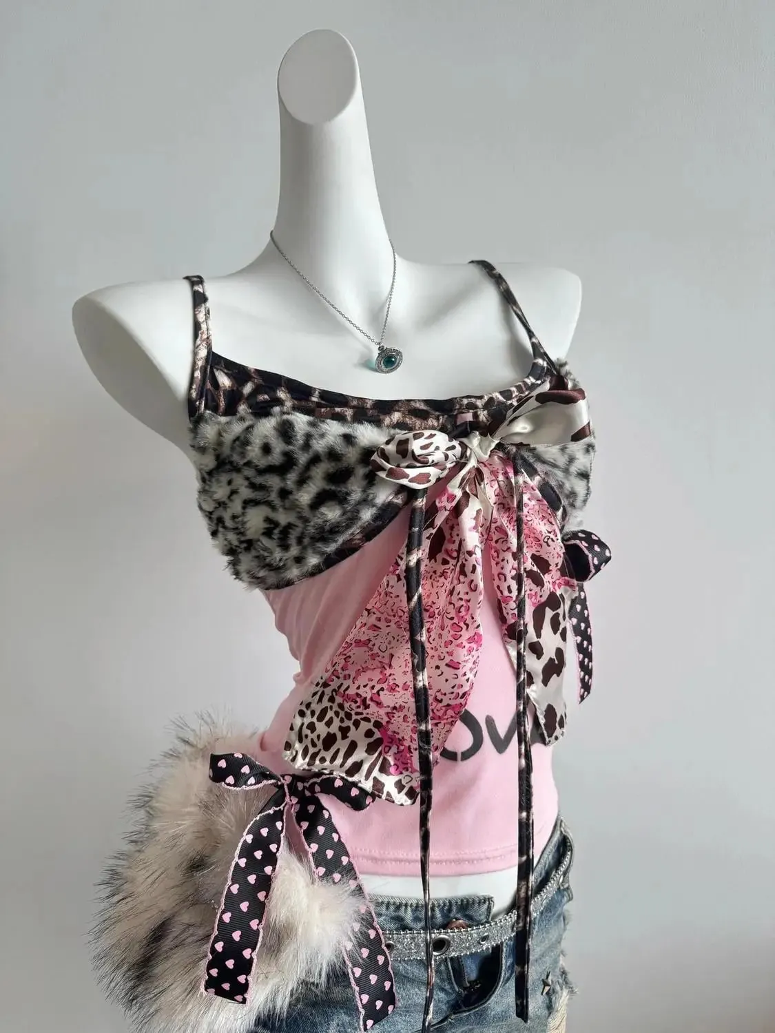 American Harajuku Hottie Camisole Subculture Leopard Patchwork Bow Halter Vest Y2K Aesthetic Letter Print Tanks Women's Slim Top