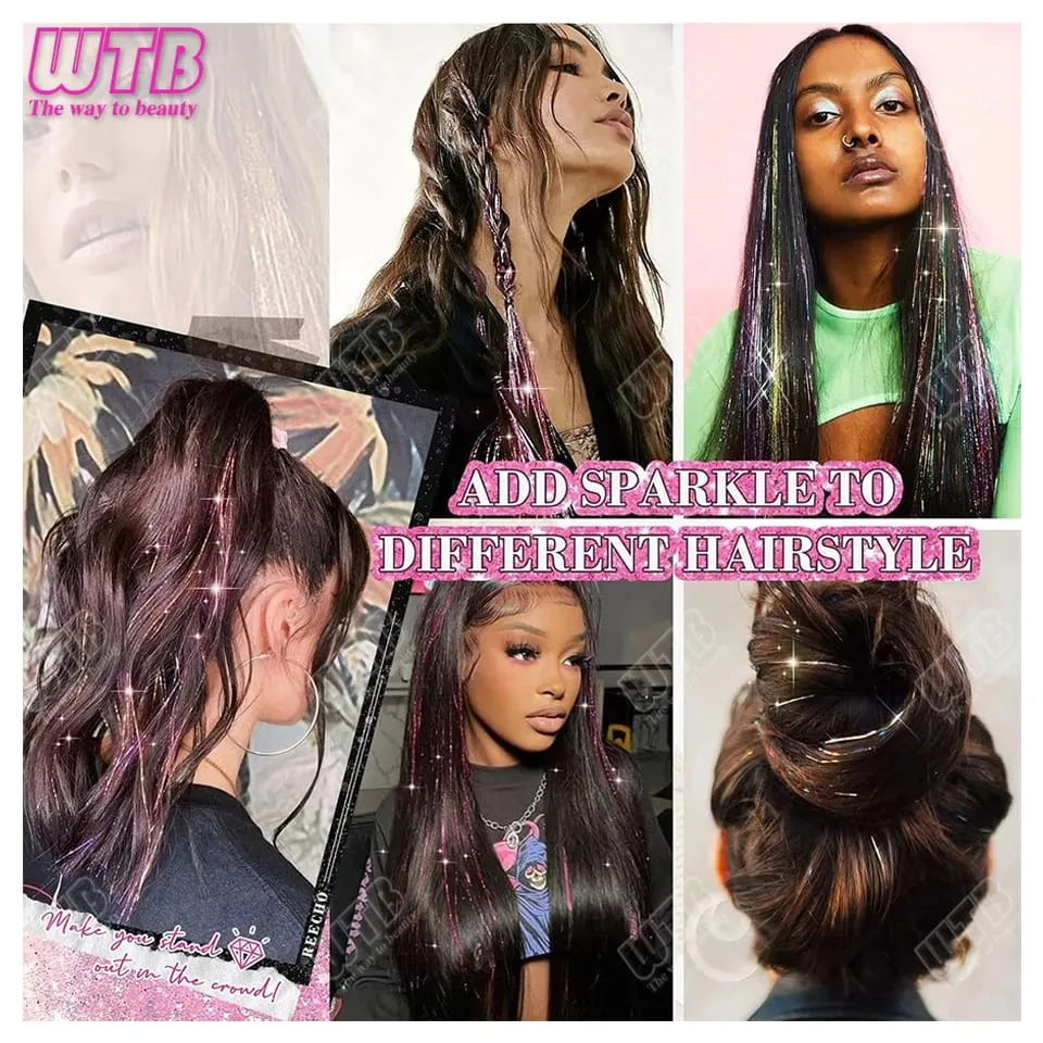 Tinsel Clip In 20Inch Glitter Tinsel Hair Extensions Clip In Hair Tinsel Kit Heat Resistant Shiny Sparkle Fairy Hair Accessories