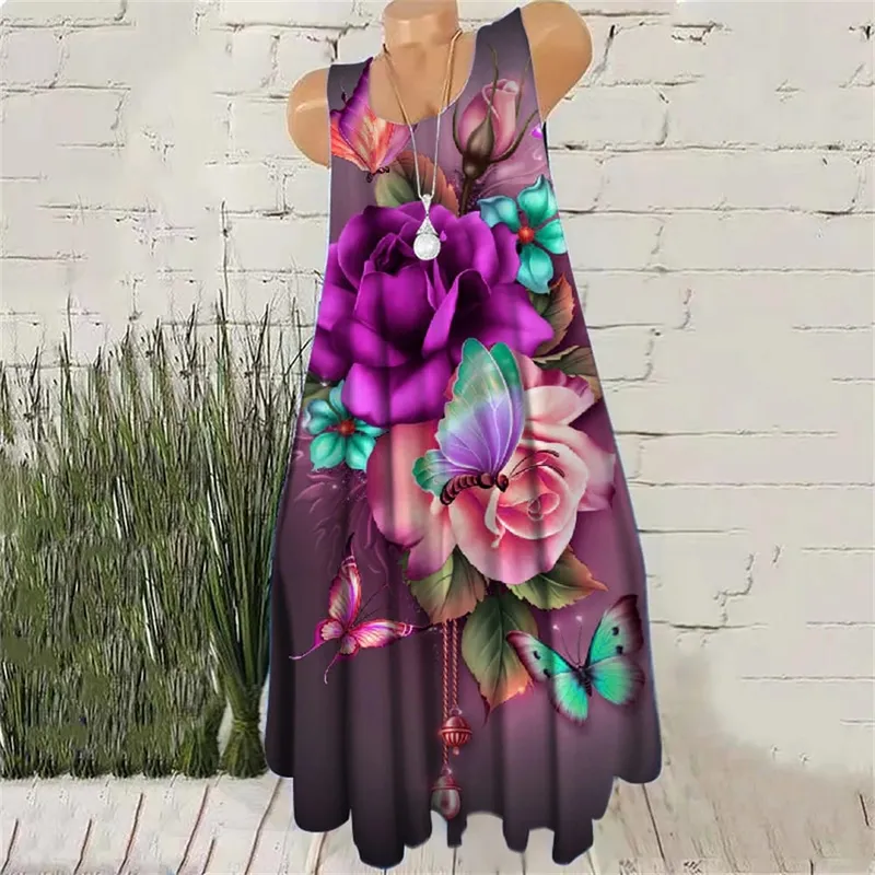Sleeveless Women Floral Print Dresses Summer Beach Casual Female Short Dress Flower Pattern Wine Red Ladies Street Mini Dress