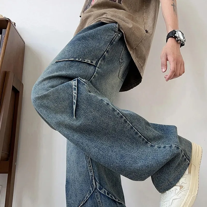 Spring And Summer Korean Retro Men'S Jeans Loose Wide Leg Pants Casual Straight Leg Pants Drawstring Workwear Pants