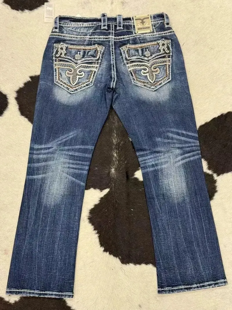 Retro trendy brand washed high elastic wide leg flared jeans Y2K summer blue embroidery American Gothic new fashion heavy street