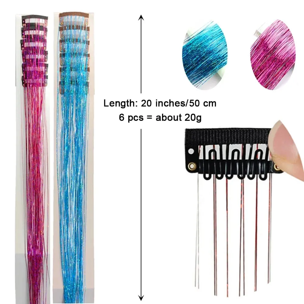 Sambungan Rambut Tinsel Berkilauan 20 Inci dengan Klip Dalam 6 Keping/Set Klip Sintetik dalam Aksesori Rambut Sparkle Fairy untuk Kanak-kanak Wanita