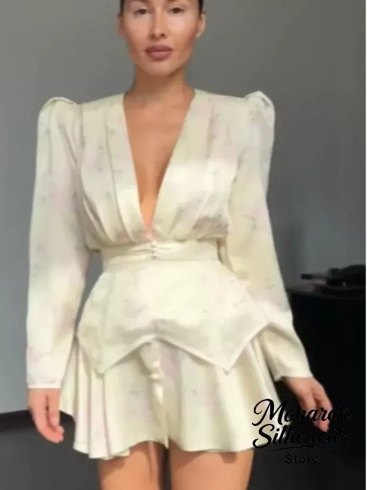 Elegant Floral Printed Mini Dress Women Chic V-neck Full Sleeves Single Breasted Slim A-line Short Dresses 2026 Lady Party Robes
