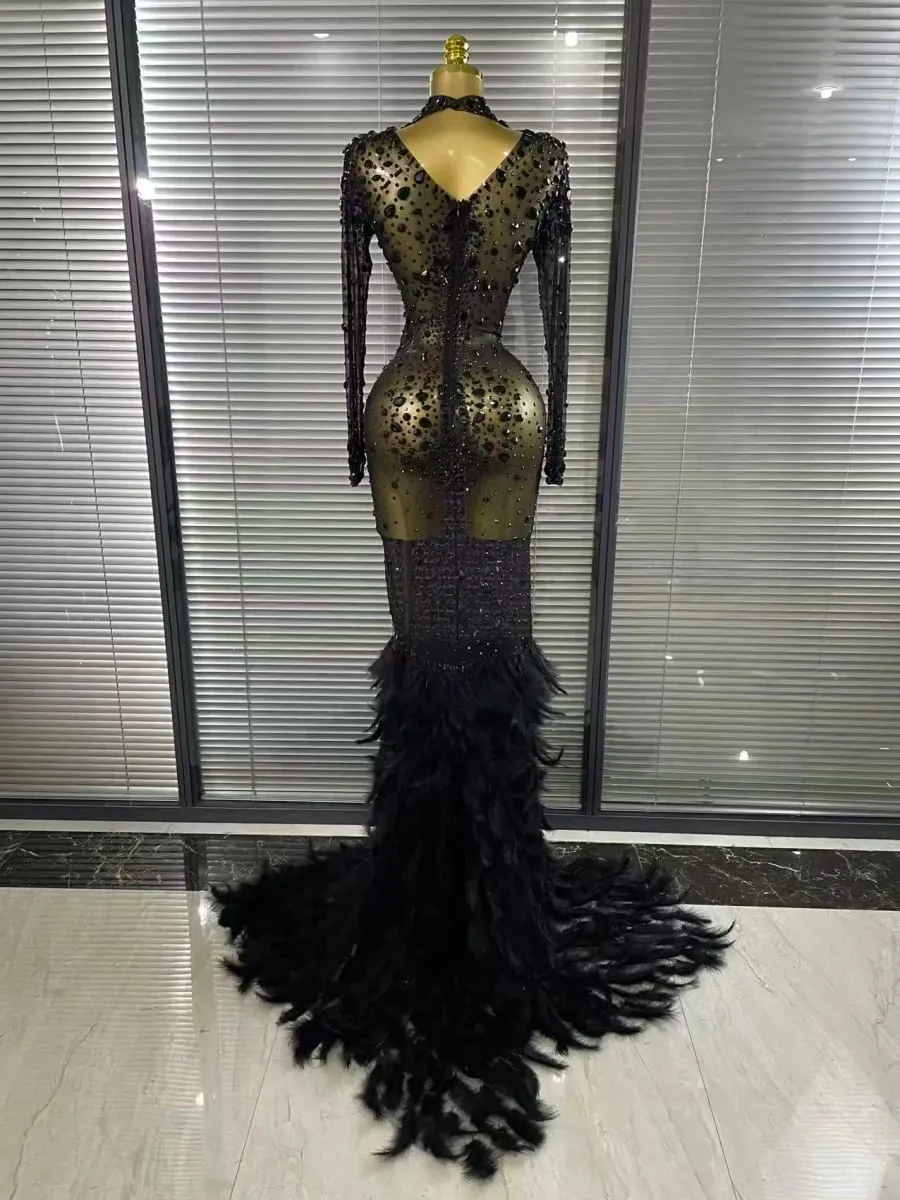 Black Red Women Long Sleeve Sexy Sparkly Crystal Mesh See Through Feathers Floor-length Mermaid Dress Panggabing Party Prom Outfit