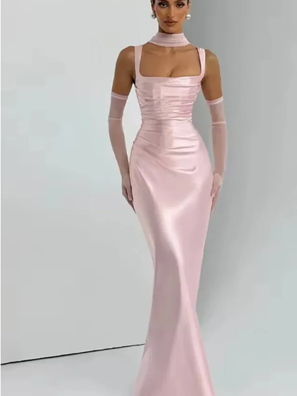 Elegant Scarf Collar Sling Women Summer Dress Solid Sleeveless Off-shoulder Slim Maxi Dresses 2026 Lady Chic Evening Party Gown