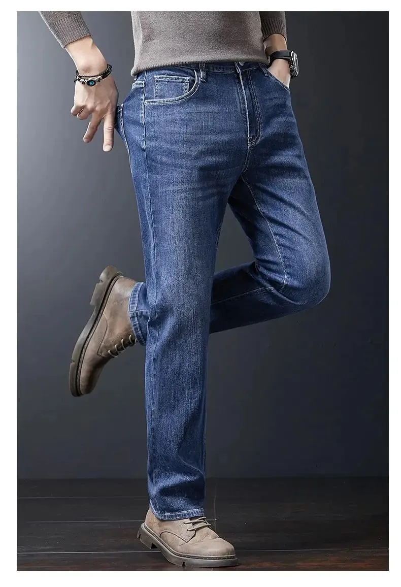 Men's Soft Stretch Straight Jeans Business Casual Slim Fit Wash Denim Pants Korean Fashion Blue Gray Male Brand Trousers
