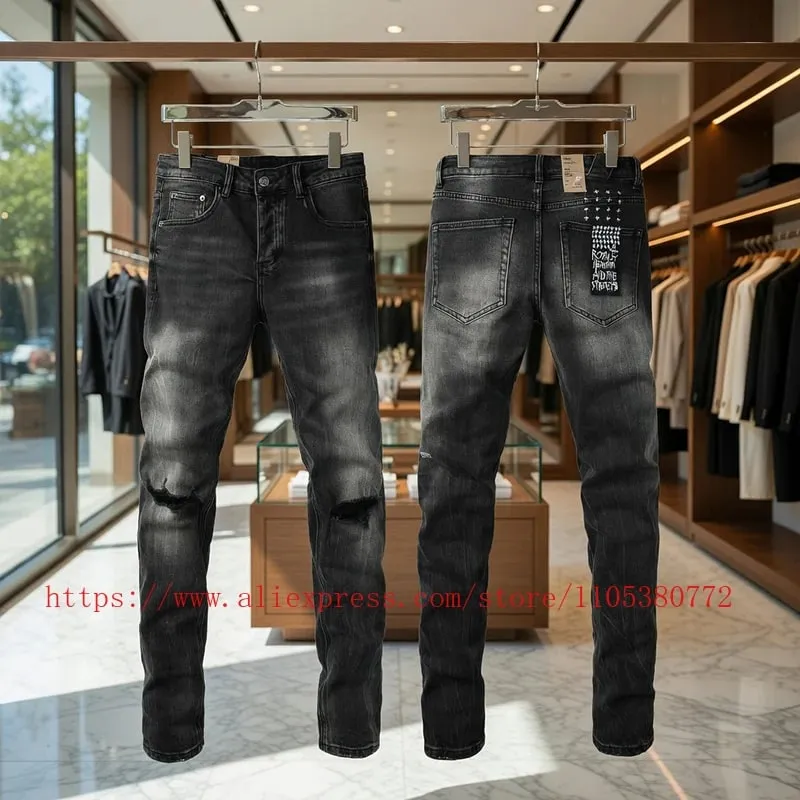 2026 New Arrival Men's Dark Grey Washed Slim Fit Skinny Jeans Ripped Stretch Denim Casual Pants Streetwear Trousers