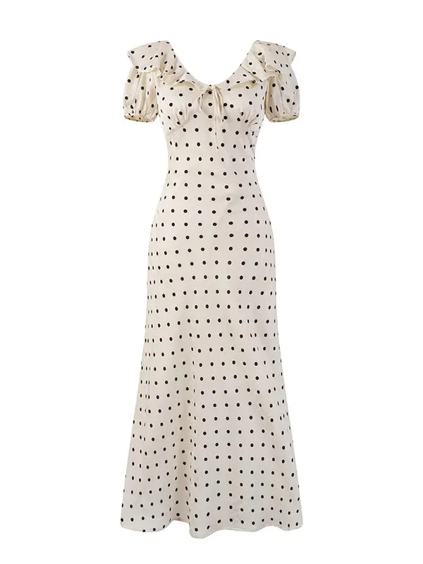 Chu Sau beauty Damen Neue Mode Süße Polka Dot Print Chic Rüschen Midikleid Französisch V-Ausschnitt Puffärmel Vintage Partykleider