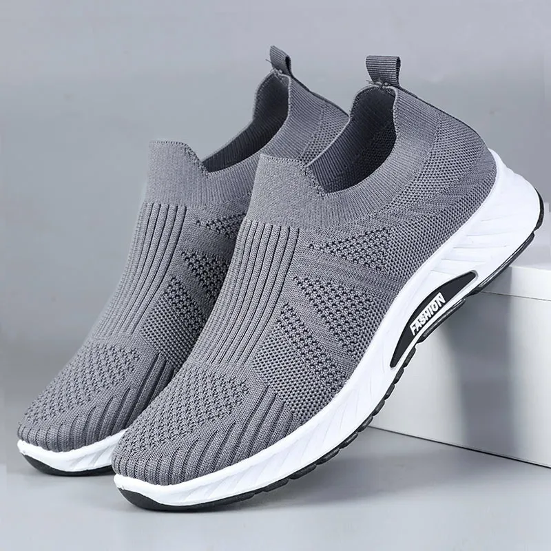 Men Breathable Knit Slip On Shoes Lightweight Cushioned Sole Round Toe Outdoor Elderly Walking Sneakers