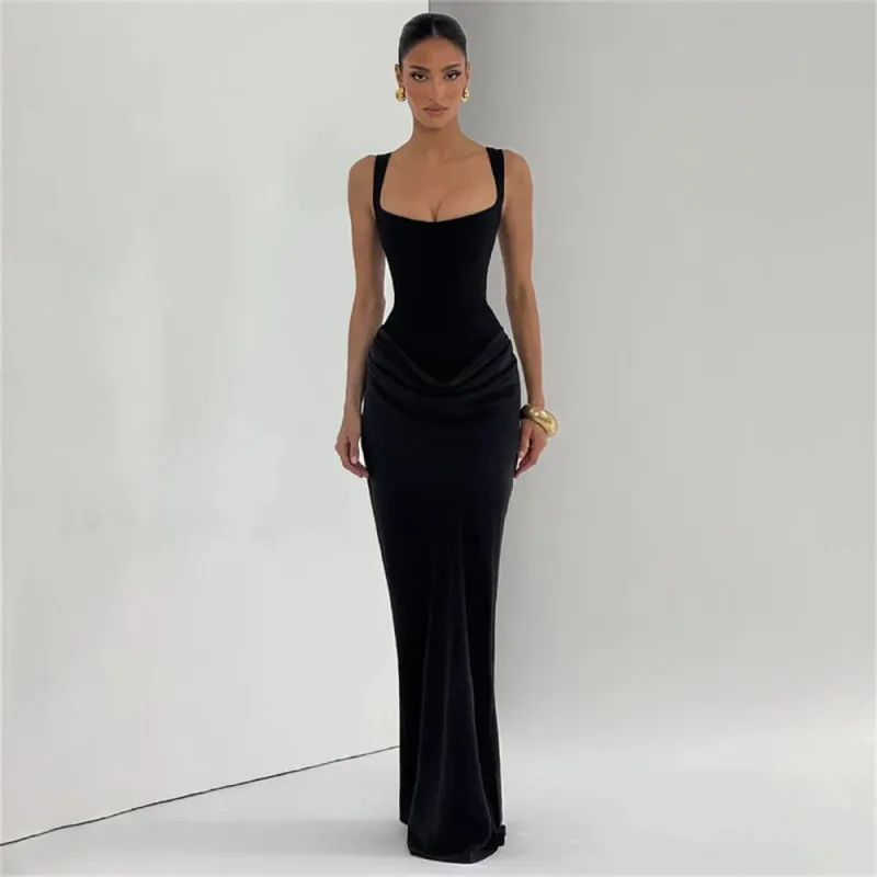 Ladies' formal square neck sleeveless waist cinching design with pleated fish tail long skirt for dinner party slimming dress