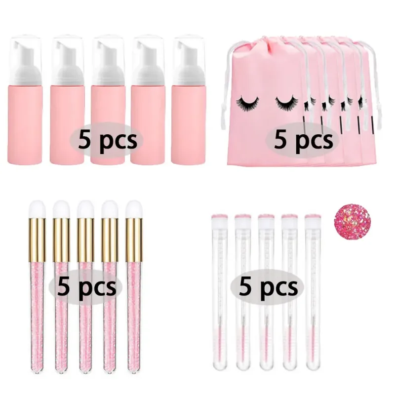 60ml Refillable Empty Plastic Pump Bottle Lash Extension Cleaning Kit Long Rod Brush Lash Curler Dust Tube EVA Storage Bag Tools
