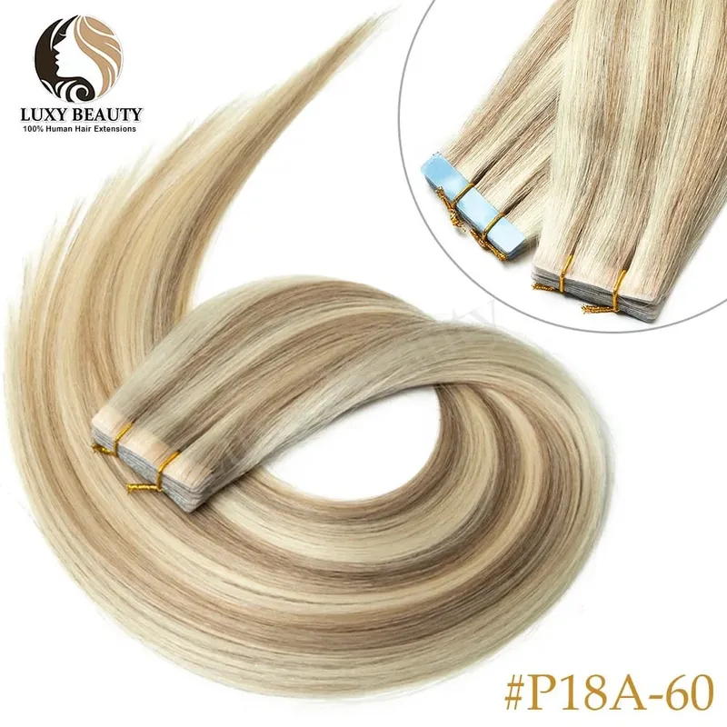 Invisible Tape In Hair Extensions Human Hair Double Side Injected PU Tape Hair Extensions Black Brown Blonde Tape Ins Hair 10pcs