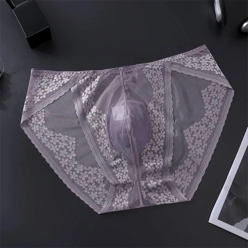 Men Ice Silk Lace Underwear 3D Convex Bag Plus Size Sexy Lingerie Calzoncillos Hombre Tangas Breathable Male Sleepwear