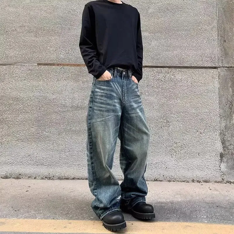 Men's Wide Leg Jeans Baggy Denim Pants Y2K Vintage Streetwear Loose Straight Casual Trousers