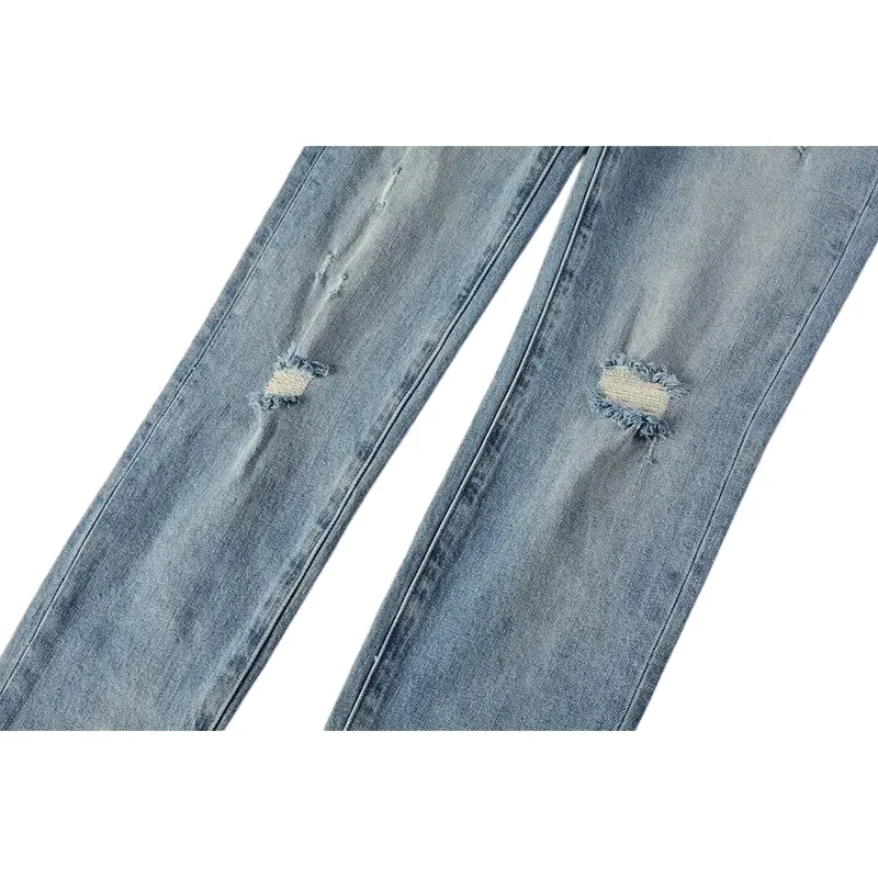 Men's Slim Taper Ripped Jeans Vintage Light Blue Wash Frayed Edges Button Fly High Street Style Denim Pants