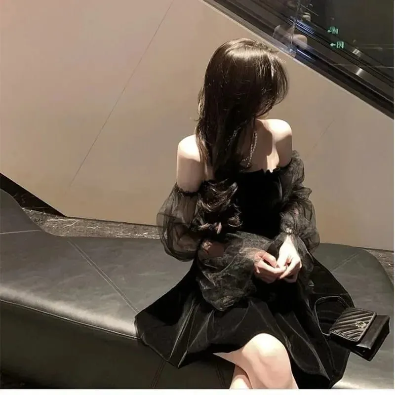 New Black Retro Dress Women Lace Chiffon Mini Dress Female High Street Sexy Korean Fashion Women Club Dress