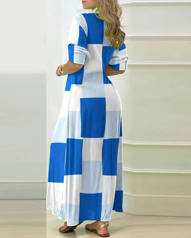 2024 Summer Long Sleeved V-neck Button Up Shirt Dress For Women Casual Striped Printing Single Breasted High Split Maxi Dresses