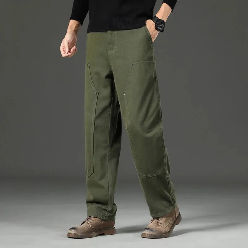 High Quality Spring New Style Straight Loose Men's Casual Pants Rivet Splicing Safari Style Cotton Trousers Army Green Jeans