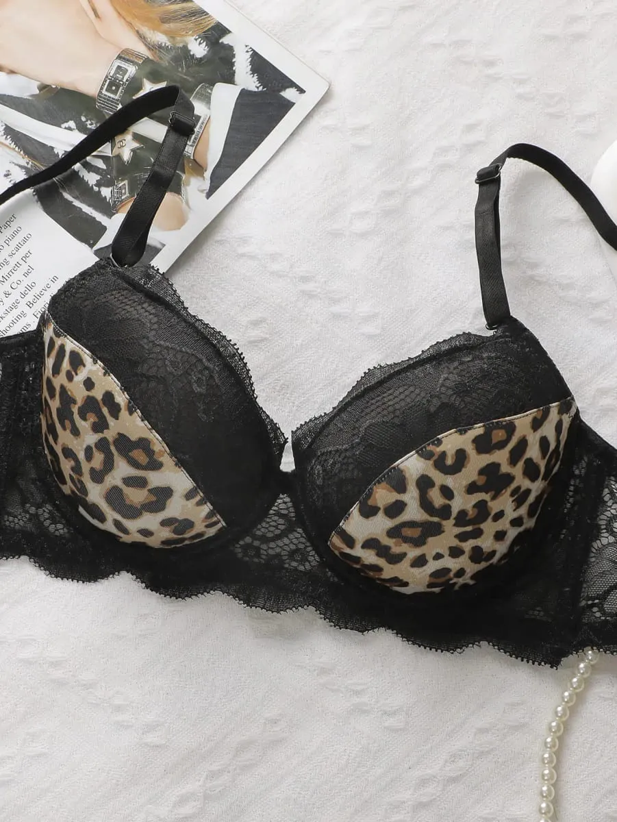 Dame leopardprint blondebralette Sexet med stålring Lingeri Komfortabelt løfteundertøj Trekantundertøjssæt B2076