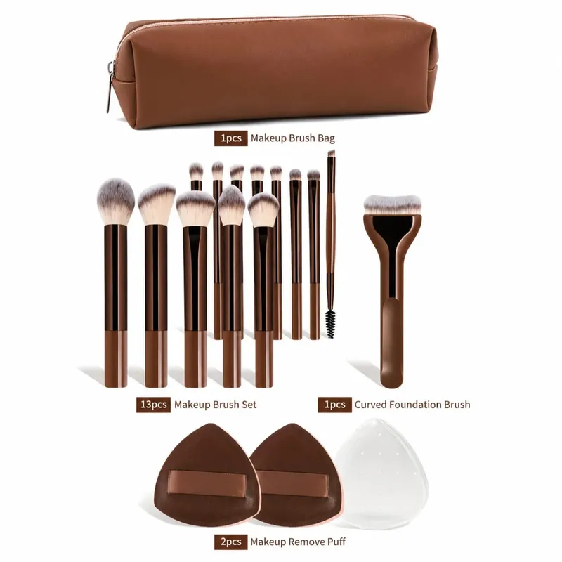 17Pcs Makeup Brush Set With Bag & 2Pcs Puff Foundation Powder Blush Eyeshadow Eyebrow Lip Brushes Travel Beauty Tools Gift