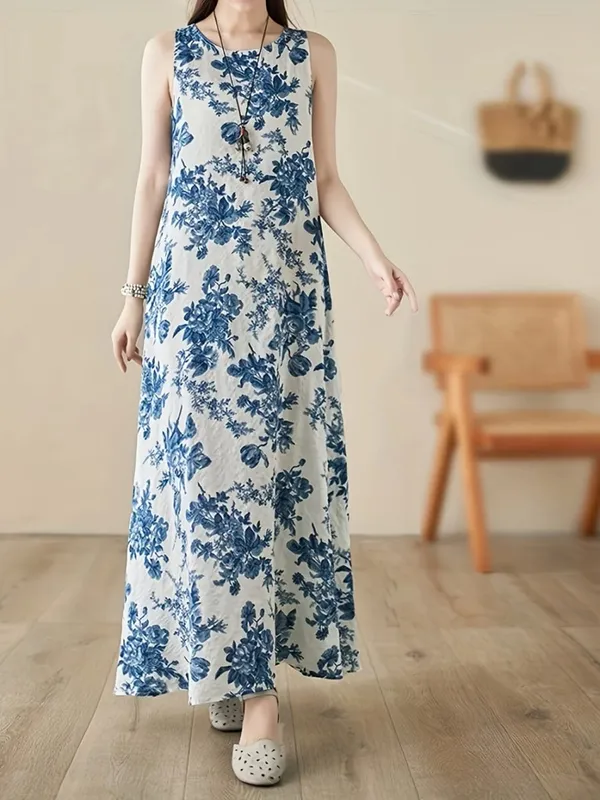 2026 New Women's Dress Fashion Floral Print New Sleeveless Design Dresses Summer Outdoor Beach Vacation Ankle Long Women's Dress